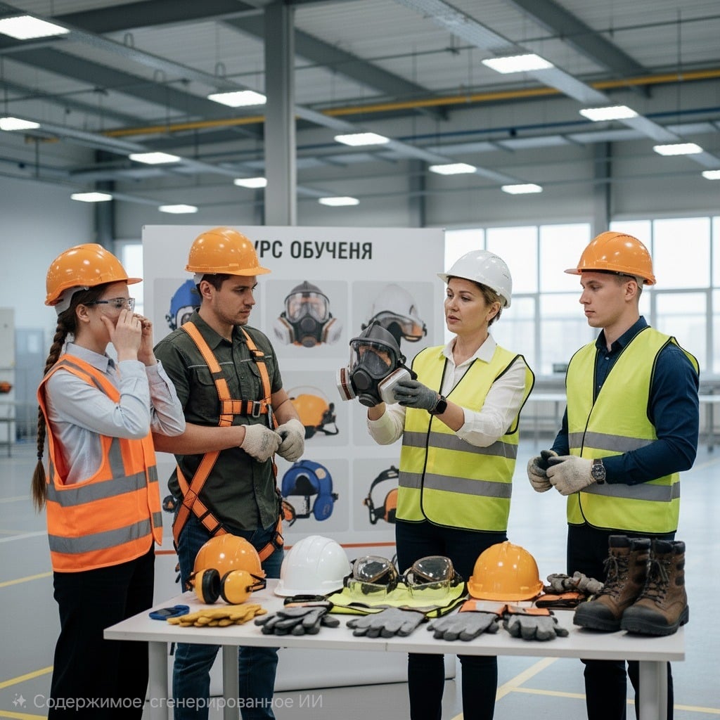 Обучение по использованию (применению) СИЗ: демонстрация средств индивидуальной защиты для рабочих.