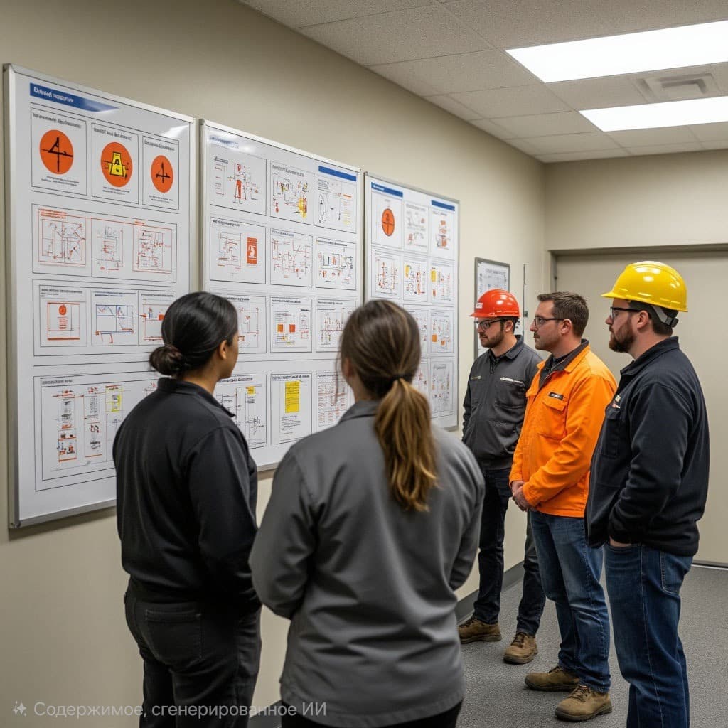 Охрана труда - программа А.  Группа сотрудников в спецодежде слушает инструктора. На фоне - стенд по охране труда, схемы эвакуации, плакаты с правилами.