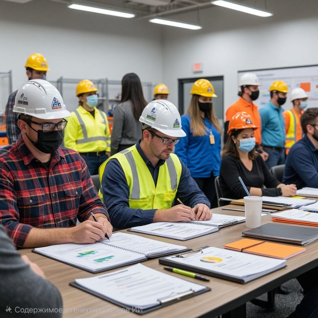 Охрана труда - программа Б. Группа строителей в защитной экипировке на лекции, изучающих инструкции и схемы безопасности.