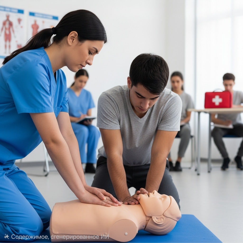 Обучение по оказанию первой помощи: инструктор демонстрирует СЛР на манекене