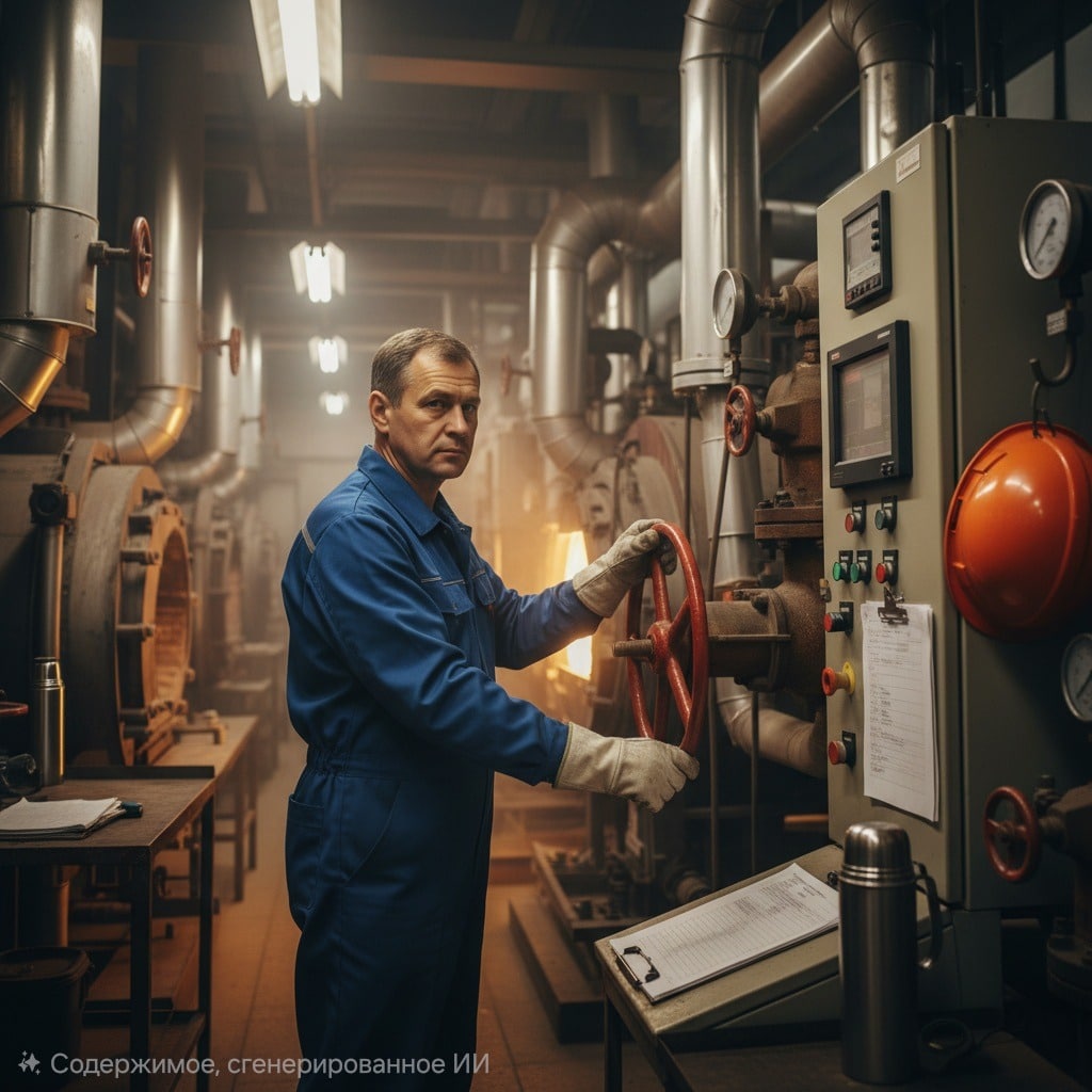 Оператор котельной в синем комбинезоне и белой каске стоит у панели управления на фоне промышленного оборудования