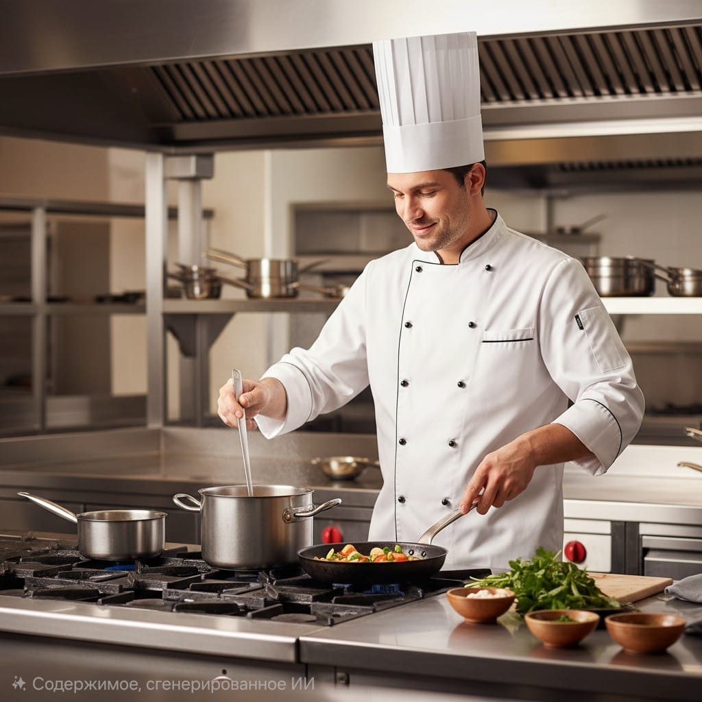 Повар в белой форме и поварском колпаке готовит у плиты.