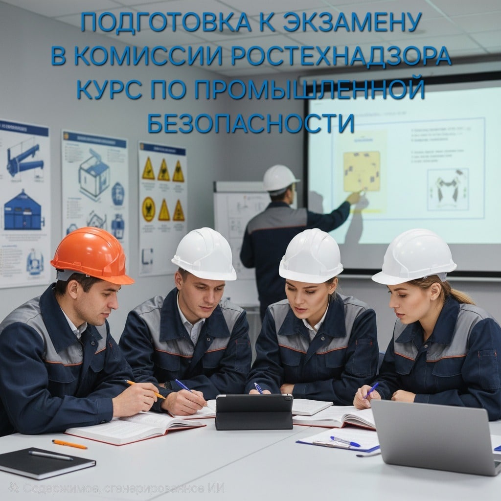 Обучение промышленной безопасности: подготовка к экзамену в Ростехнадзоре. Группа студентов в касках изучает материалы курса.