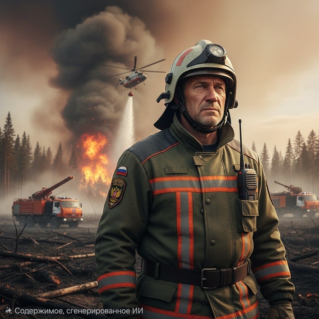 Руководитель тушения крупных лесных пожаров в форме пожарного и каске на фоне горящего леса