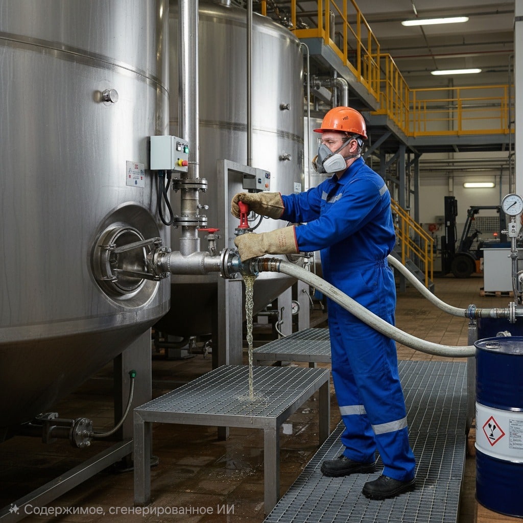 Сливщик-разливщик на производстве в рабочей форме, каске и респираторе переливает жидкость из большой промышленной емкости в бочку через шланг.