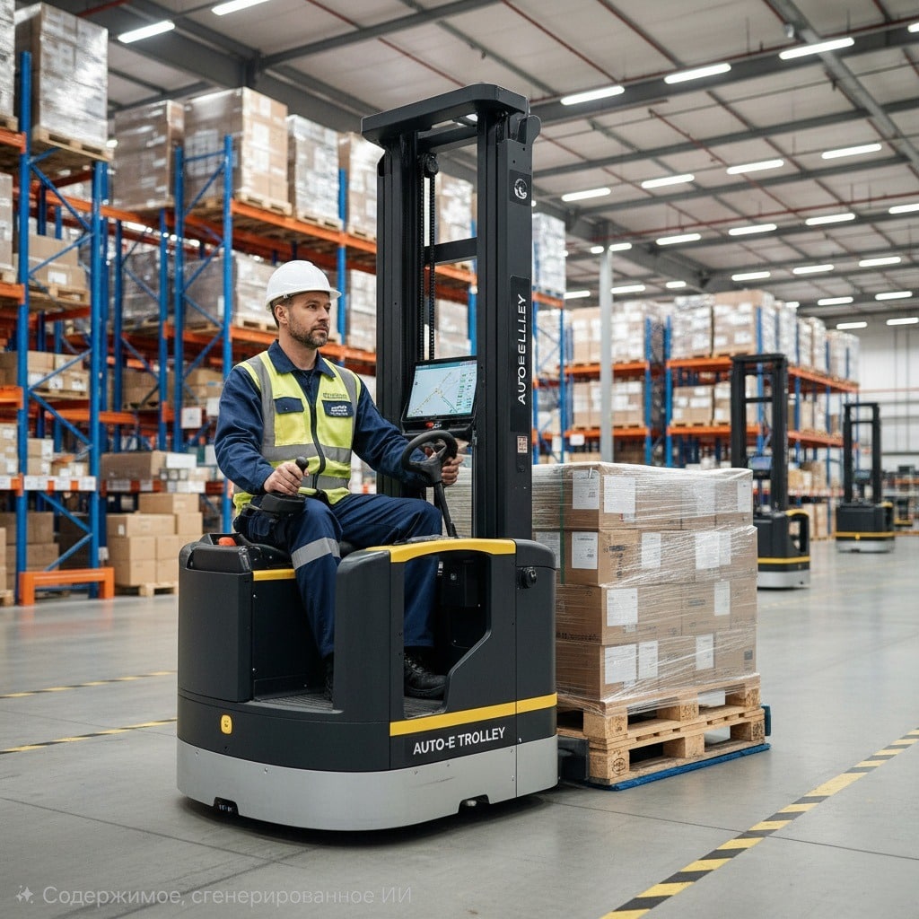 Водитель электро- и автотележки в складском помещении с поддонами.