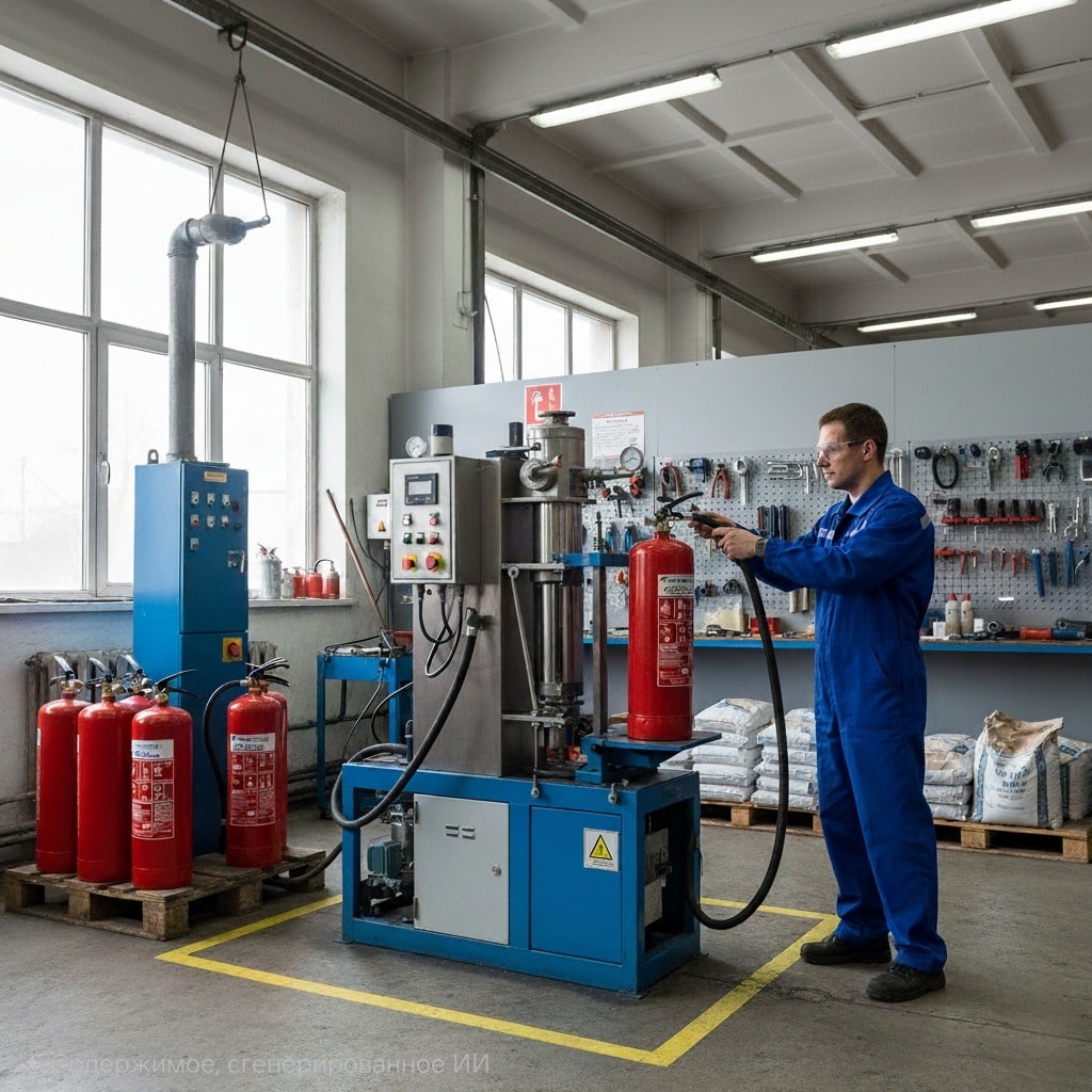 Зарядчик огнетушителей заряжает огнетушитель на специализированном оборудовании