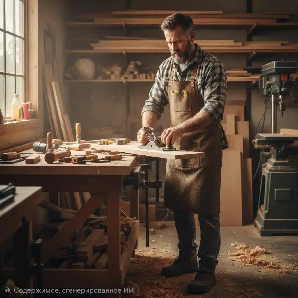 Столяр в фартуке работает рубанком над доской в своей мастерской, окруженный инструментами и древесными стружками.