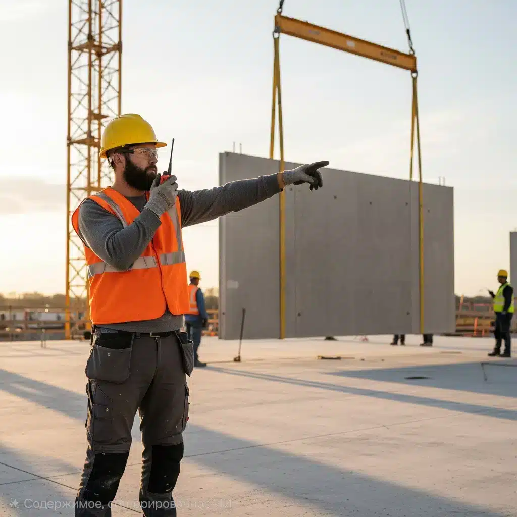 Стропальщик в каске и жилете руководит подъемом груза на стройке