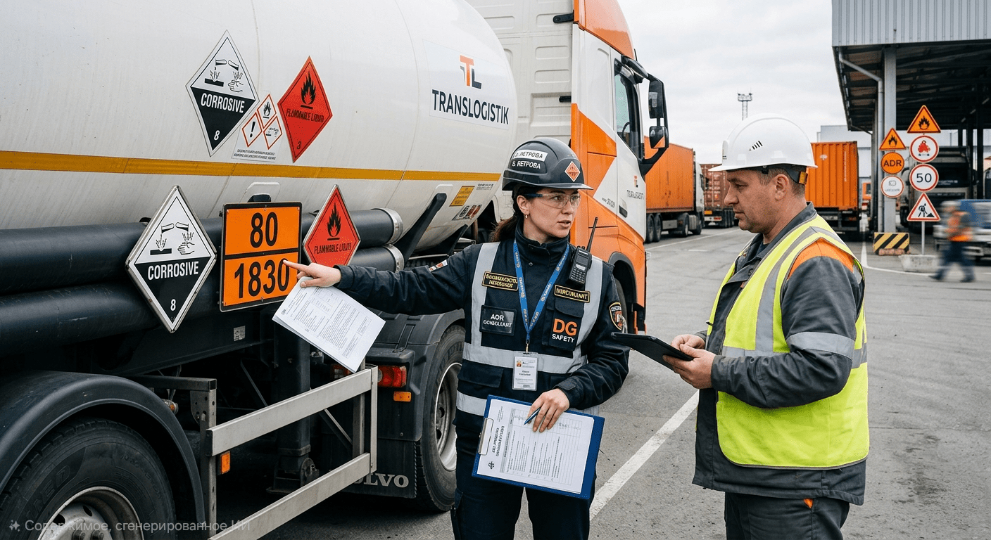 Консультант по безопасности перевозки опасных грузов (ДОПОГ) проверяет маркировку автоцистерны.