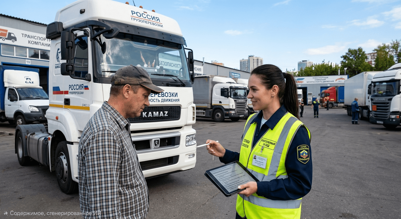 Специалист по безопасности дорожного движения проводит инструктаж водителя грузового автомобиля на фоне автопарка.